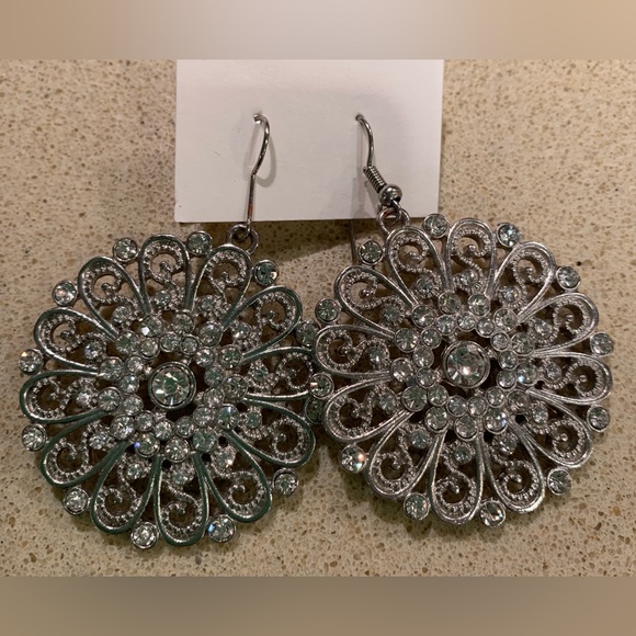Source Unknown Jewelry - Vintage Crystal Filigree Floral Statement Dangle Earrings Silver